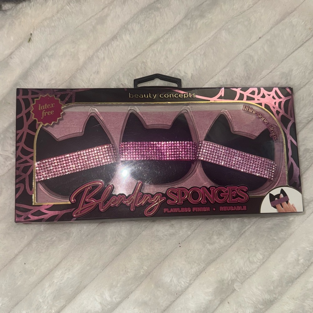Latex Free Rhinestone Cat Face Make Up Sponge 3 Piece Set Pink NEW Halloween